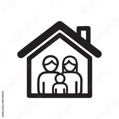 Family home icon with parents and child in simple line art