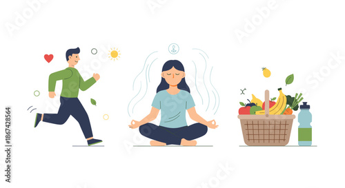 Running man with green shirt and dark blue pants, next to a person meditating, with a sun, leaf, and heart on white background.