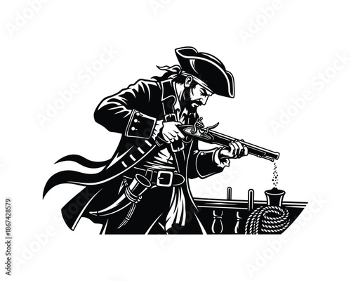 pirate reloading pistol. pouring gunpowder or ramming the rod into the barrel vector silhouette design illustration