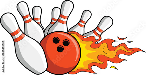 Bowling ball on fire hitting pins vector illustration, flaming strike for sports competition and leisure design