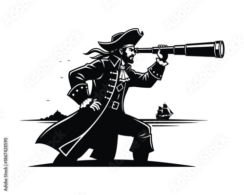 pirate ship's crow's using telescope or spyglass, Commanding pirate captain holding a spyglass to one eye vector silhouette illustration design