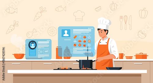 Culinary professional engaging online with recipe database and cooking in digital kitchen