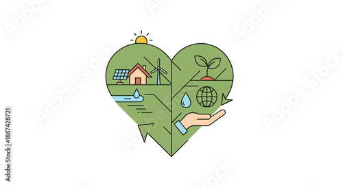 House with solar panel and sun on a green hill with water drop and lines, in a simple flat design with white background