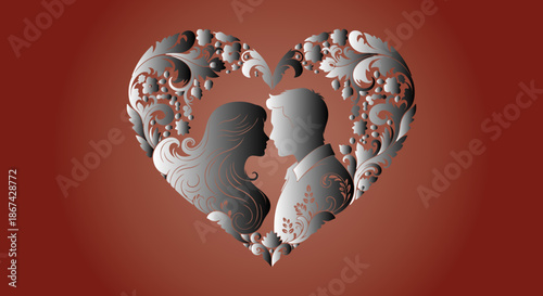 Elegant silhouette of a romantic couple gazing lovingly at each other framed within an ornate silver heart design against a deep red background symbolizing eternal affection and deep passion.