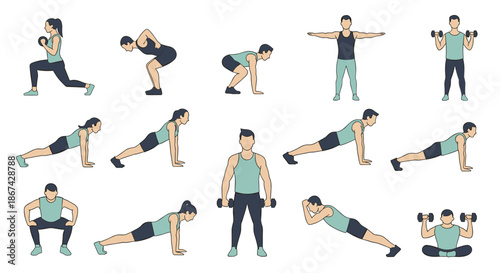 Illustration of various fitness exercises including lunges, squats, and plank positions, depicted with simple outlines and a clean, minimalist style.