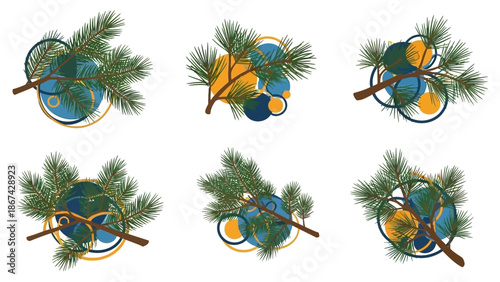 Decorative vector arrangements of pine branches with abstract colorful circles