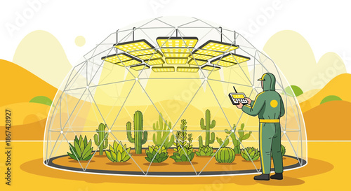 Desert horticulture inside geodesic dome with artificial lighting and remote control system for