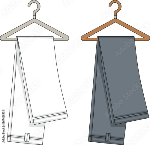 White and grey trousers hanging on clothes hangers front and back pants slacks