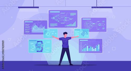 Digital futurist managing complex data streams via interactive hologram interfaces in a modern