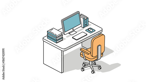 A modern office workspace with a computer, chair, and books on a desk viewed from above