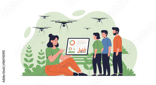 Drones analysis for agricultural efficiency presented to team by confident expert in nature