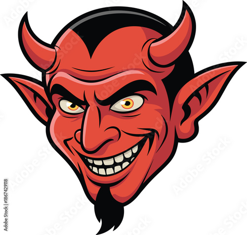 Red devil head mascot vector illustration, scary satan character with horns for halloween and hell design