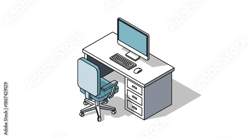 Modern office desk setup with computer and chair in a minimalist workspace