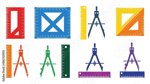 Colorful drafting tools collection rulers compasses and set squares on white