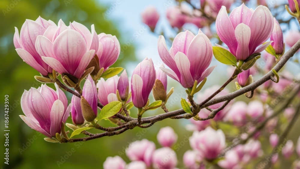 Obraz premium Beautiful pink magnolia flowers blooming on tree branch