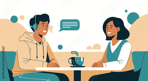 Engaging conversation between a man with headphones and a woman over coffee at a café table