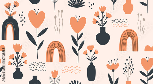 Seamless modern pattern with abstract flowers in vases, rainbows, and hearts in a bohemian style on a light background.