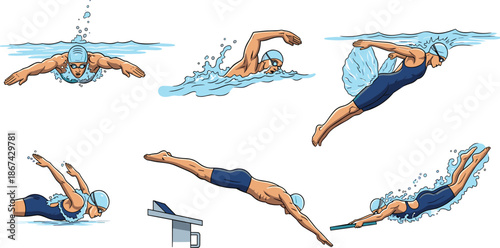 Swimming action illustration, butterfly, freestyle, backstroke, breaststroke, diving, relay, swim cap, goggles, water splash, sports clipart, cartoon swimmer