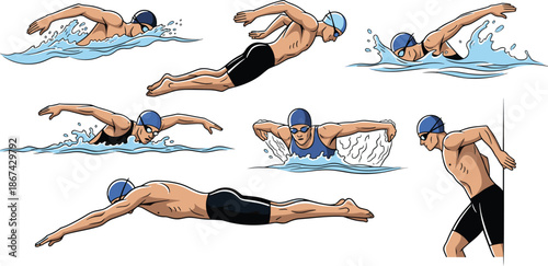 Swimming technique illustration, freestyle, butterfly, breaststroke, diving, swim cap, goggles, water splash, sports clipart, cartoon swimmer, athletic motion