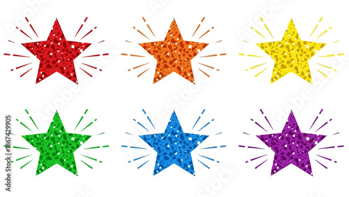 Colorful glittering stars with radiant beams on white background