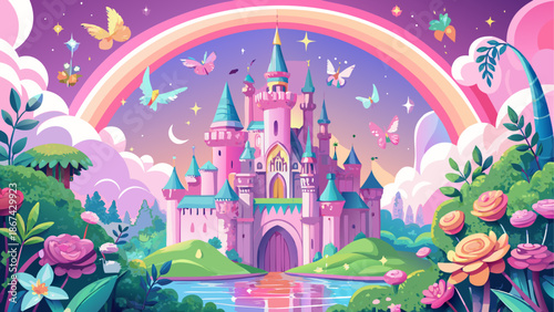 Magical castle surrounded by rainbow and butterflies in fantasy land