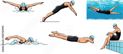 Swimming technique illustration, butterfly, freestyle, diving, underwater glide, poolside rest, swim cap, goggles, water splash, sports clipart, cartoon swimmer