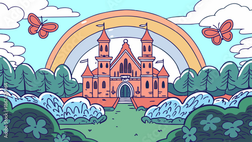 Magical castle under rainbow and butterflies in sky