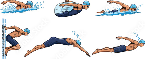Freestyle swimming sequence, dive, push-off, glide, stroke breakdown, swim cap, goggles, water splash, sports clipart, cartoon swimmer