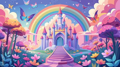 Magical castle under rainbow in a vibrant fantasy landscape