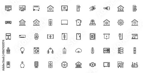 Smart home icon set. Minimal line vector icons pack. Includes symbols for security, lock, temperature control, appliances, remote access, energy management and more.