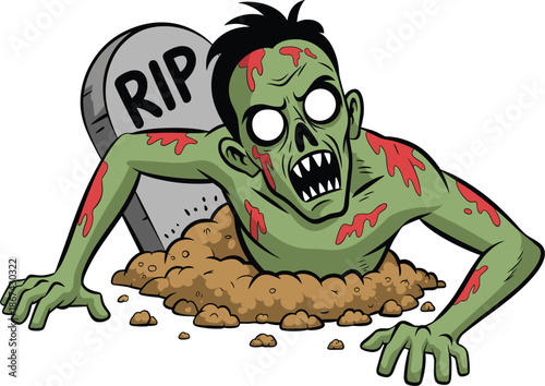 Scary zombie rising from grave vector illustration, undead creature and tombstone for Halloween horror party design