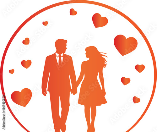 Silhouette graphic design depicting a loving couple holding hands surrounded by floating hearts inside a circular frame symbolizing eternal romantic commitment and affection