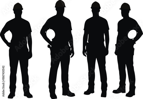 Silhouettes of Construction Workers Wearing Safety Helmets Standing Together in Industrial Environment for Labor, Teamwork, and Occupational Safety Concepts