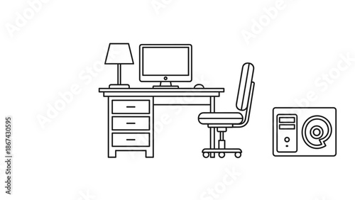 A modern home office setup with a computer desk, chair, and washing machine illustration