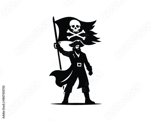 Commanding pirate captain standing, holding large skull and crossbones pirate flag raised vector silhouette illustration design, 