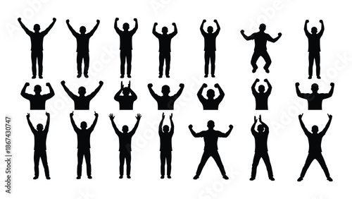 Diverse silhouettes of people celebrating with arms raised in various poses