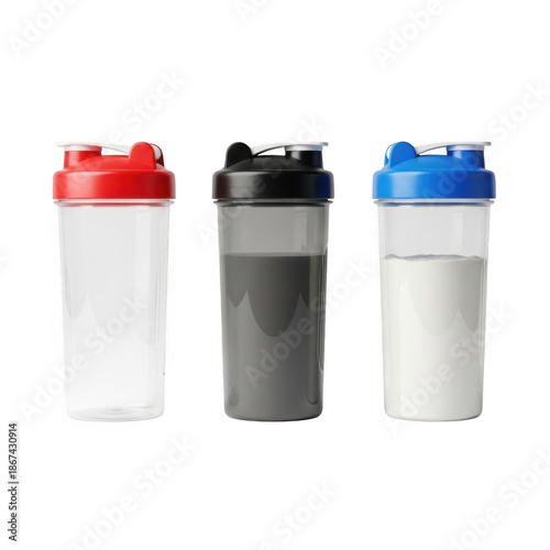Wallpaper Mural Three protein shakers with different colored lids isolated on transparent background Torontodigital.ca