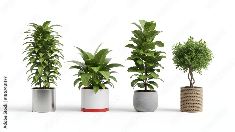Fototapeta premium Four Different Potted Plants in Various Containers