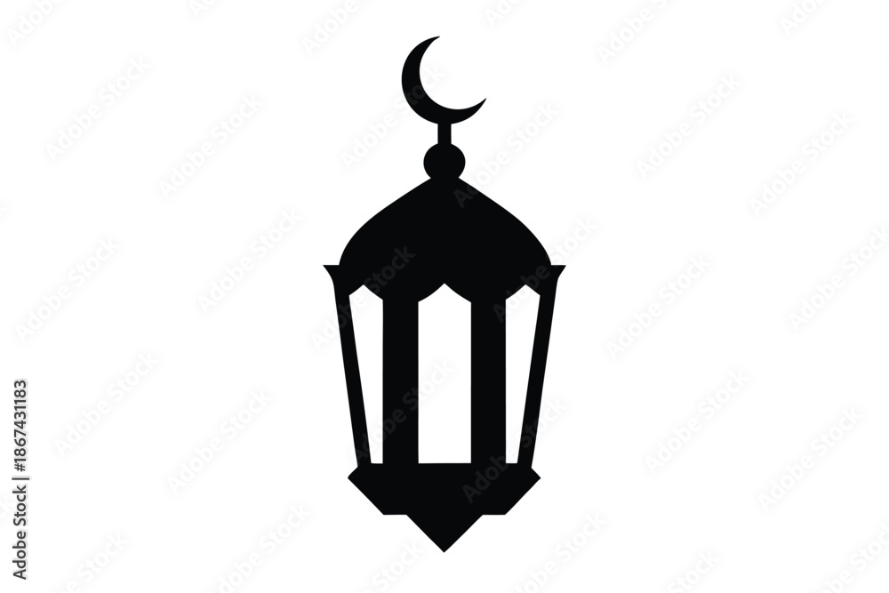 Obraz premium Elegant black lantern with crescent moon on top for islamic or cultural designs and ramadan celebrations with white background