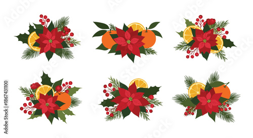Set of six Christmas floral arrangements with red poinsettia flowers, oranges, holly, berries, and fir branches illustrations.