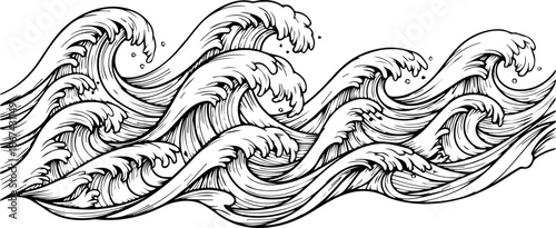 Traditional Japanese Style Ocean Waves Illustration in Black and White Line Art