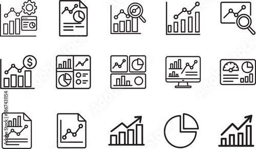 Business analytics and chart outline icon set for data analysis, reports, dashboards, web and UI design.