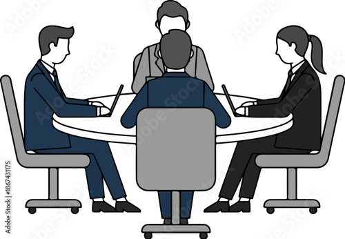 Diverse group of professionals gathered around a circular white table engaged in a serious business meeting discussing important company strategy points.