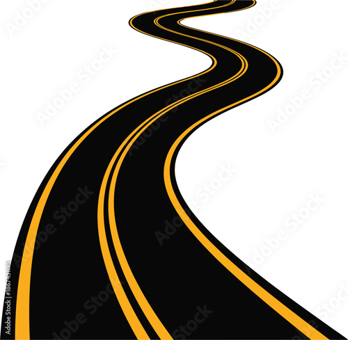 Winding asphalt road vector illustration, curved highway with yellow lines for travel and transportation journey design