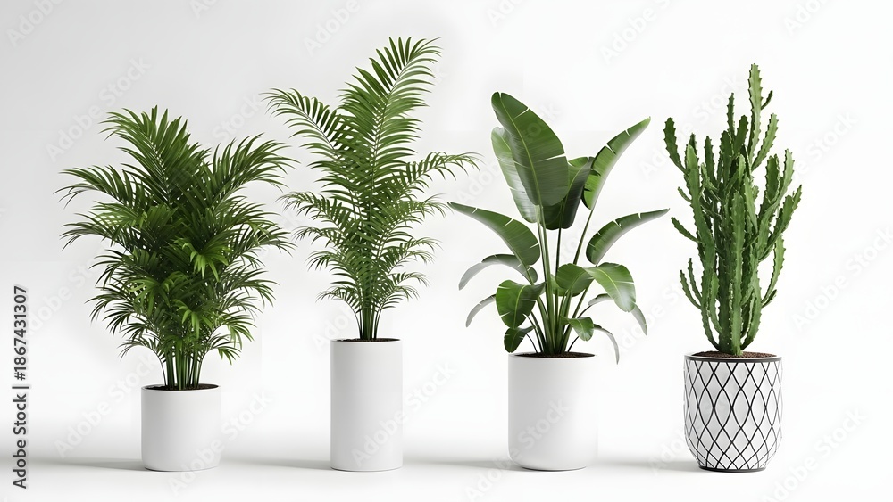 Fototapeta premium Four Green Indoor Plants in White Pots Against White Background
