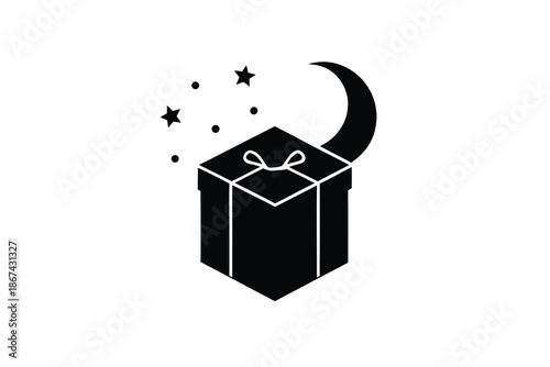 Black gift box with white outline and ribbon surrounded by magic stars and crescent moon on white background for surprise and celebration concepts