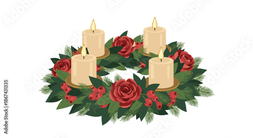 A beautifully illustrated advent wreath with four lit candles, decorated with red roses, green fir branches, and festive red berries on a white background.