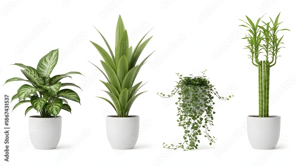 Fototapeta premium Four Green Plants in White Pots on White Background