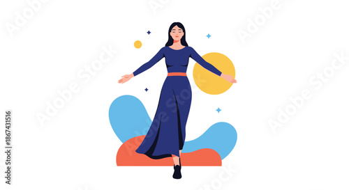 Illustration of a graceful woman in a long blue dress walking with her arms outstretched against abstract colorful shapes.