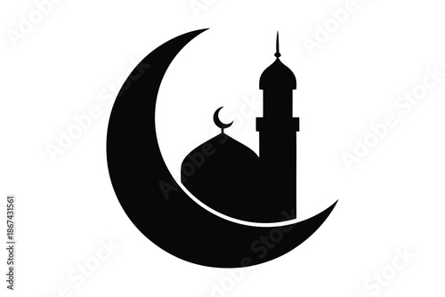 Islamic crescent moon silhouette with mosque tower and dome on white background for ramadan or eid celebrations with icon